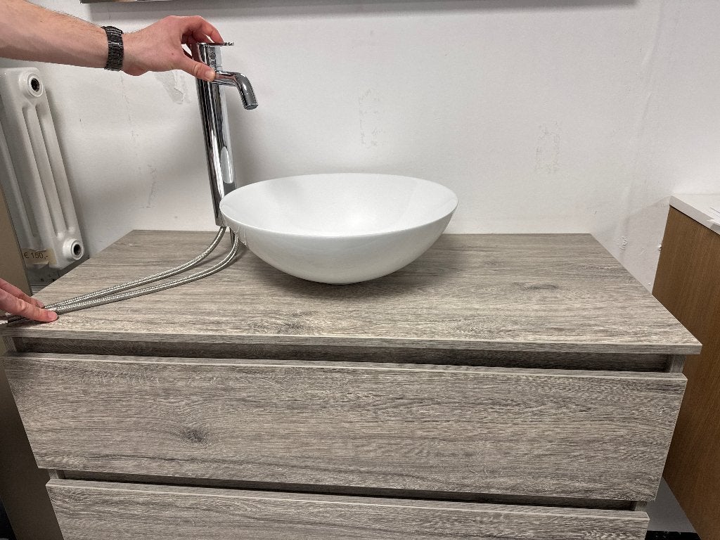 Badkamermeubel met witte waskom, twee laden en kraan, Ophalen, Nieuw, Chroom, Wastafel