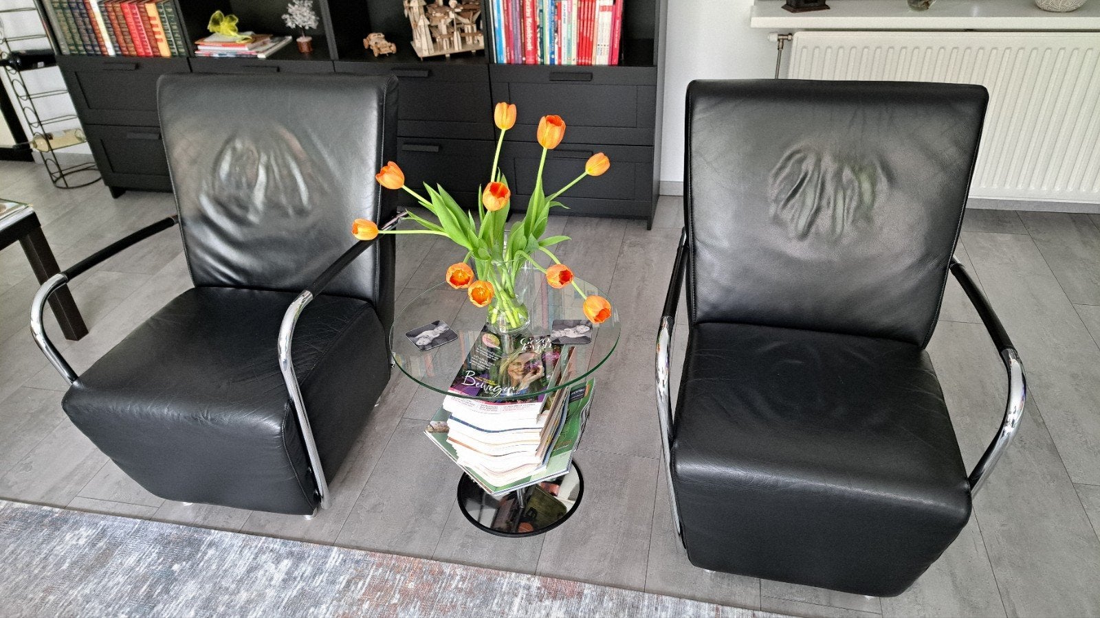 Topform fauteuils zwart leer en chroom, Ophalen, Gebruikt, 75 tot 100 cm, Modern
