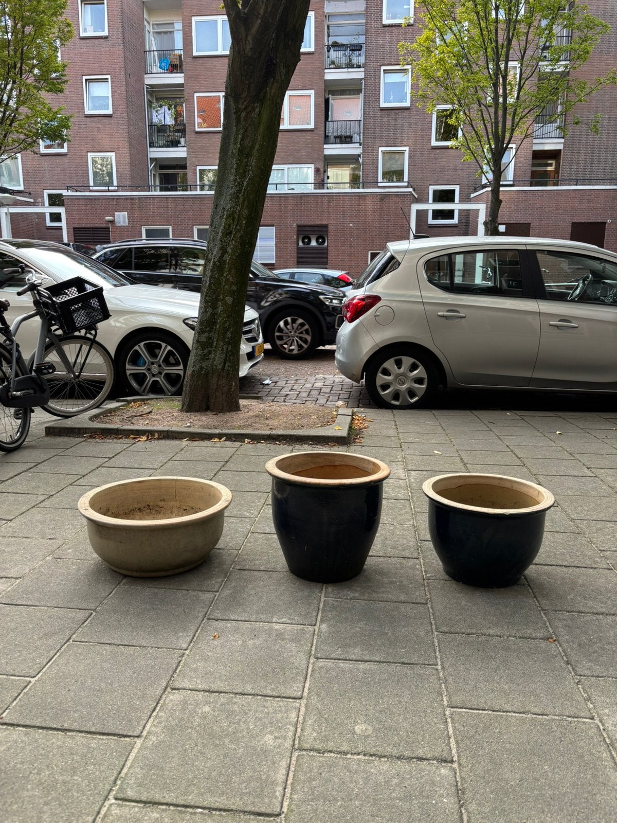 Set van 3 vintage aardewerken keramieken bloempotten, Tuin en Terras, Ophalen, Zo goed als nieuw, Rond, Steen