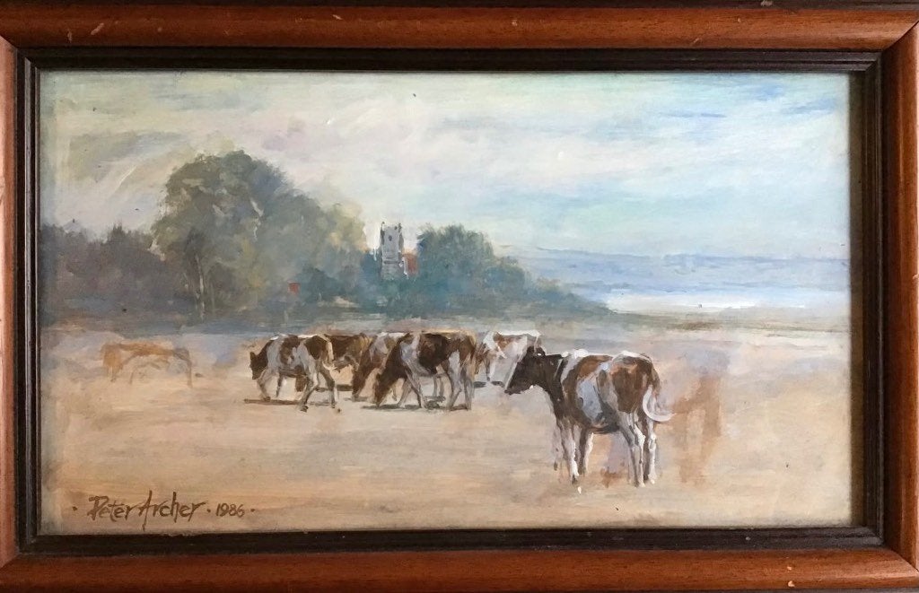 Peter Archer - Engels landschap met koeien & kerk, Landschap, Achter glas, Acrylverf, Papier/karton