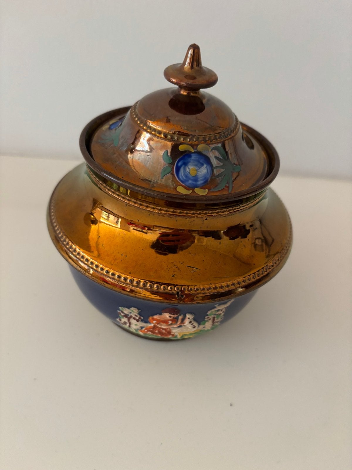 Antiek dekselpotje goudsteen / koper lusterware (Staffordshi, Ophalen of Verzenden