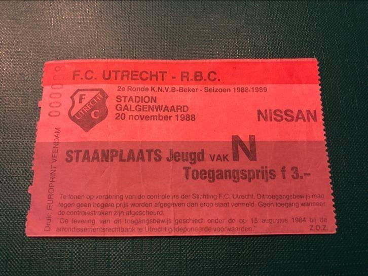 Ticket Knvb Beker Fc Utrecht - RBC seizoen 1988/1989, Verzamelen, Ophalen of Verzenden, Zo goed als nieuw, F.C. Utrecht, Overige typen