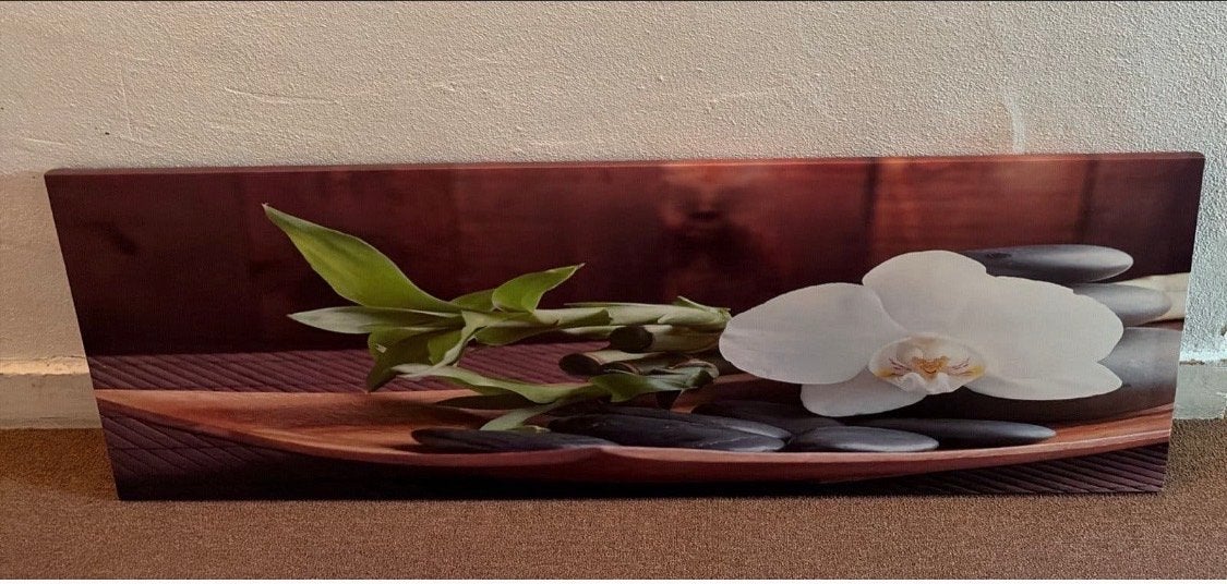 Canvas schilderij met orchidee, bamboe en zen stenen, Ophalen, Gebruikt, Schilderij, 75 tot 100 cm