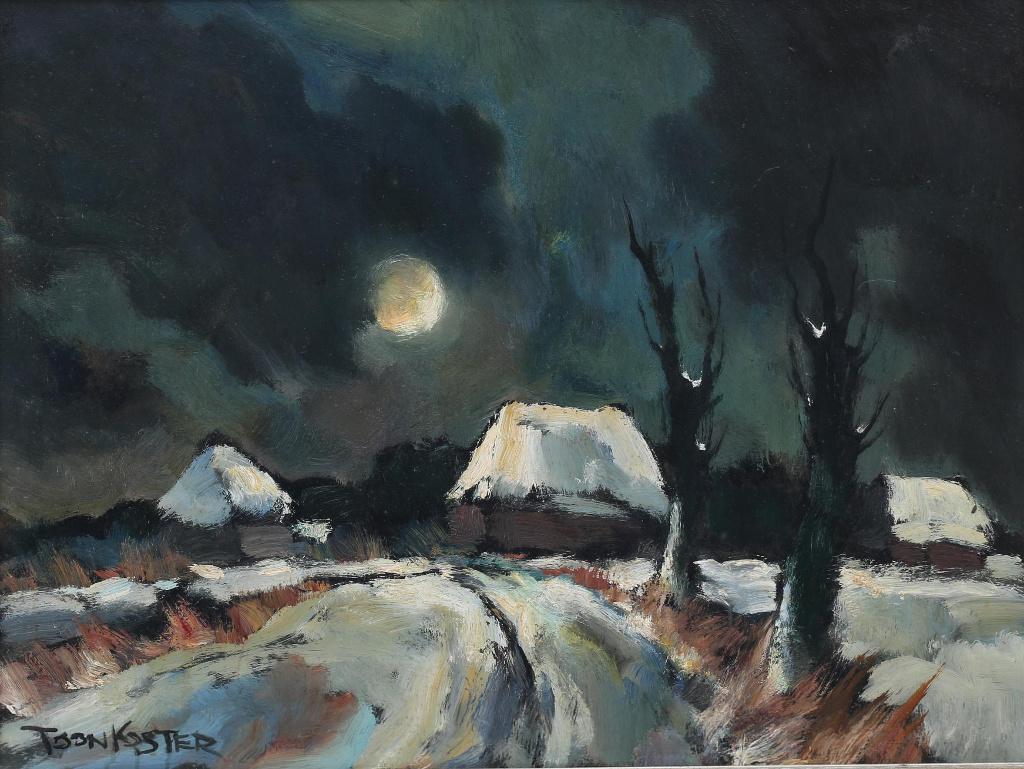 Toon Koster(1913)Olieverf Board "Landschap in Maanlicht" Ges