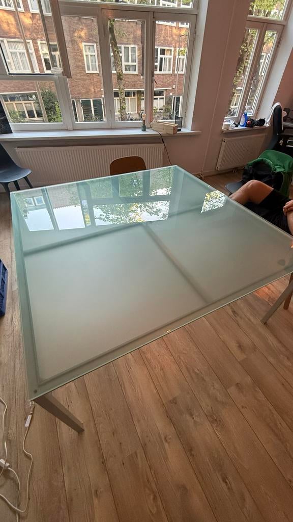 Robuuste glazen werktafel eettafel vergadertafel 150x150 cm, Ophalen, Zo goed als nieuw