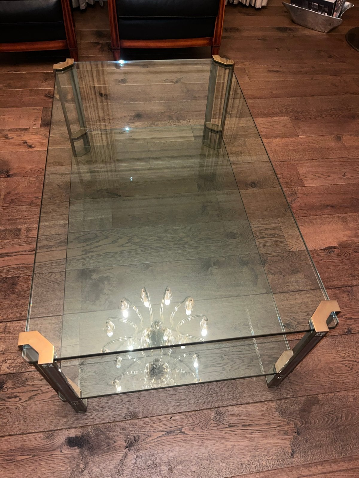 DAVID MARSHALL Glazen salontafel met metalen frame, Ophalen, Gebruikt, 100 tot 150 cm, 50 tot 100 cm