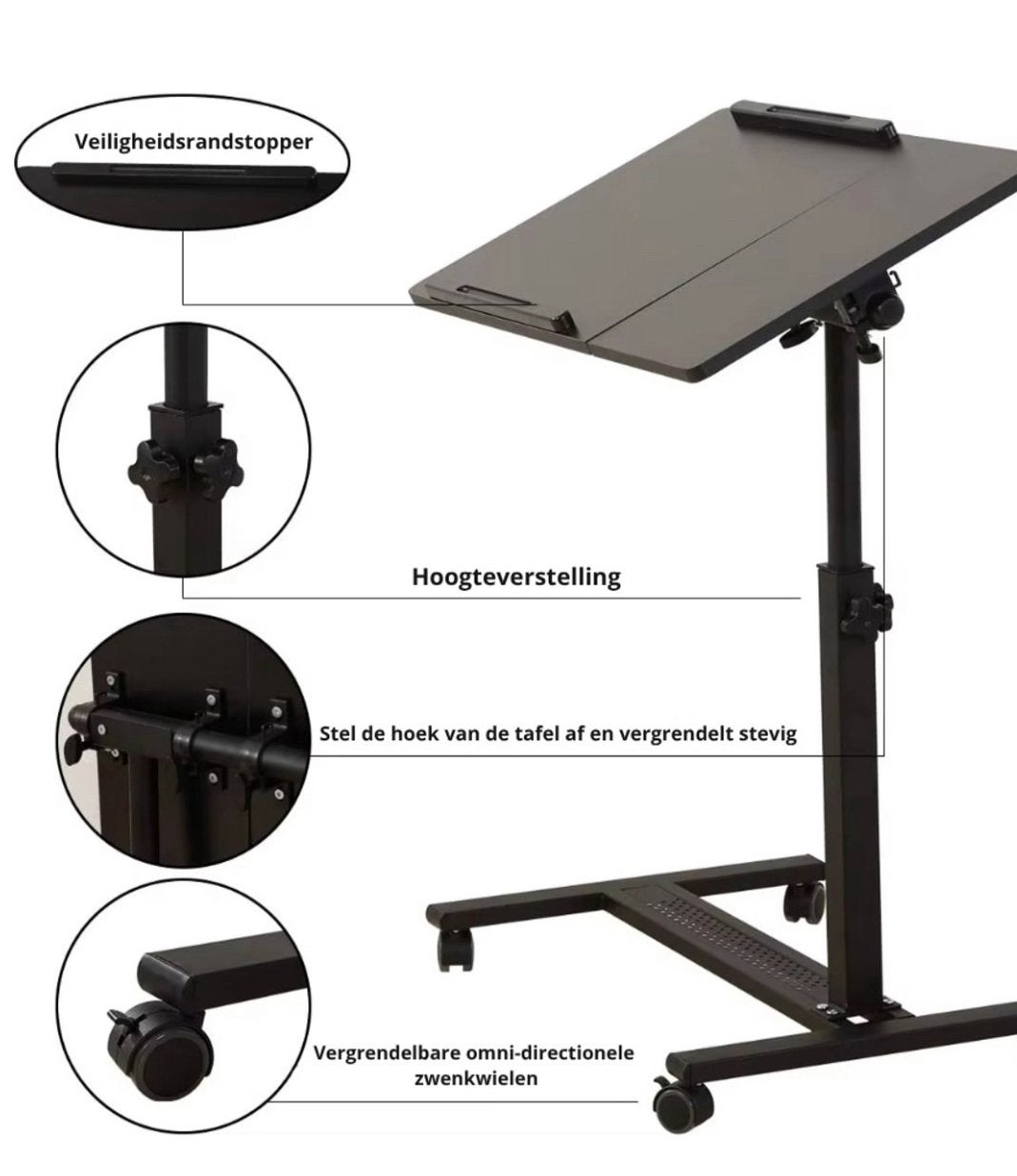 Laptoptafel met Wielen - Verstelbaar & Kantelbaar - Zwart, Ophalen of Verzenden