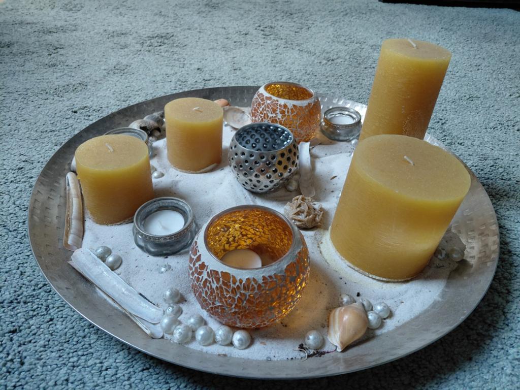 Zilverkleurige schaal met kaarsen en accessoires - 49 cm, Ophalen of Verzenden, Zo goed als nieuw, Metaal
