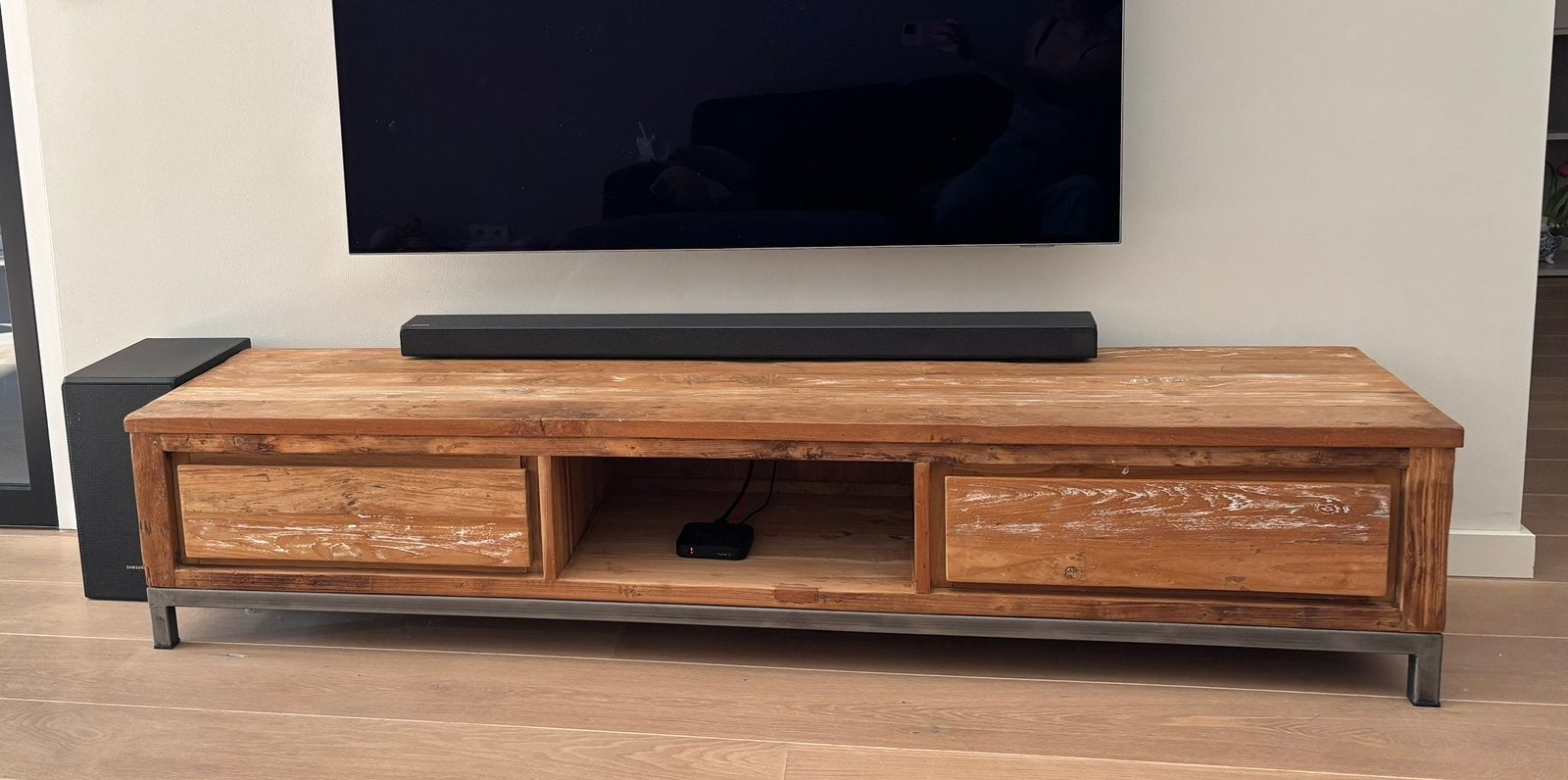 Tv-meubel van gerecycled teak - 180cm, Ophalen, Gebruikt, 150 tot 200 cm, Teakhout