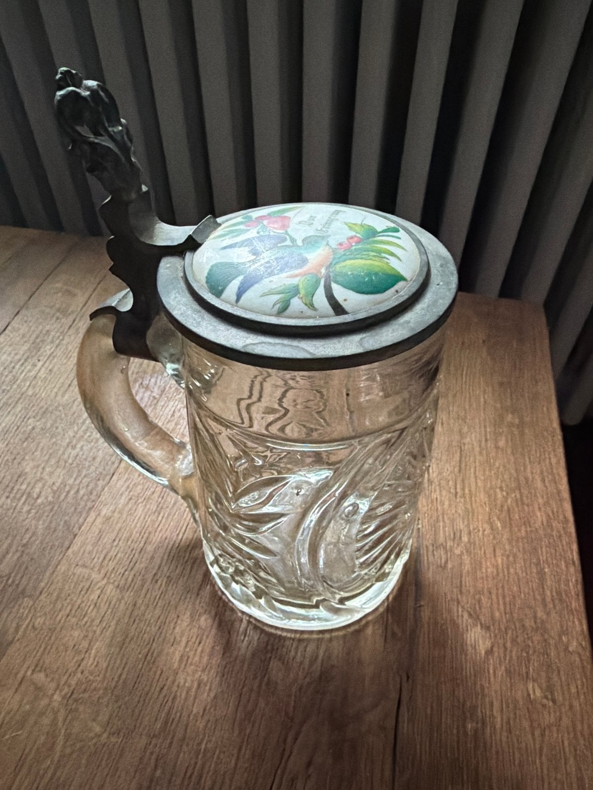 Antieke Glazen Bierpul met Tin Deksel en Vogeldecoratie, Ophalen of Verzenden