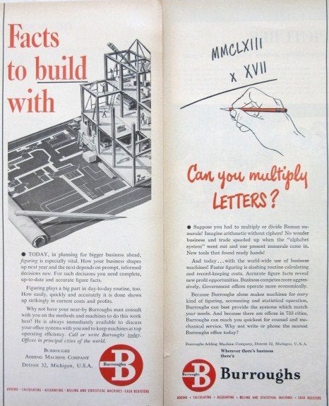 4 vintage advertenties reclames Burroughs machines 1950, Ophalen of Verzenden, Gebruikt, Overige typen