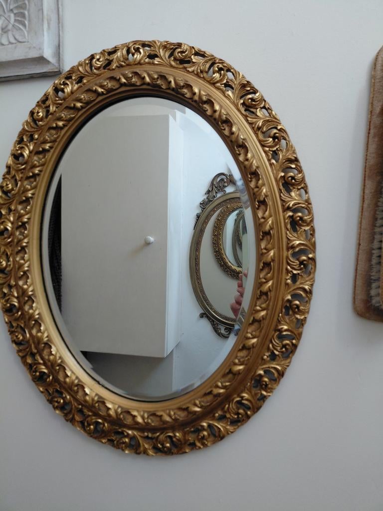 Antieke vergulde houten spiegel, facet geslepen, 52x41cm, Ophalen of Verzenden, Ovaal, Minder dan 50 cm, Minder dan 100 cm