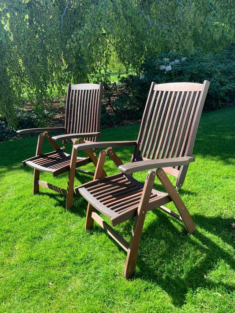 Twee teakhouten tuinstoelen, Ophalen, Zo goed als nieuw, Teakhout, Inklapbaar