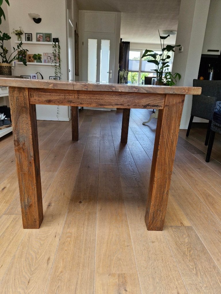 Robuuste houten eettafel 200x90x80, Ophalen, Gebruikt, Landelijk, Robuust, Eikenhout