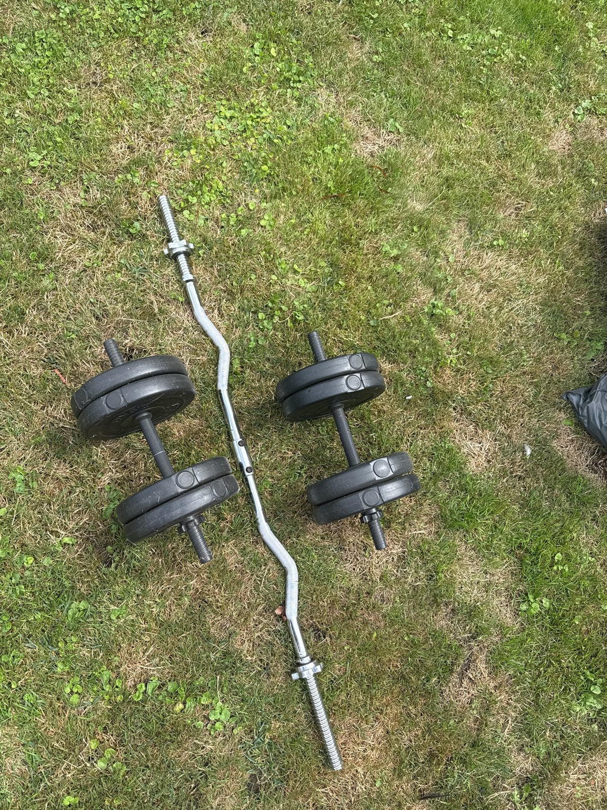 Halterset met diverse gewichten en stangen, Sport en Fitness, Fitnessmaterialen, Ophalen, Gebruikt, Armen, Halterset