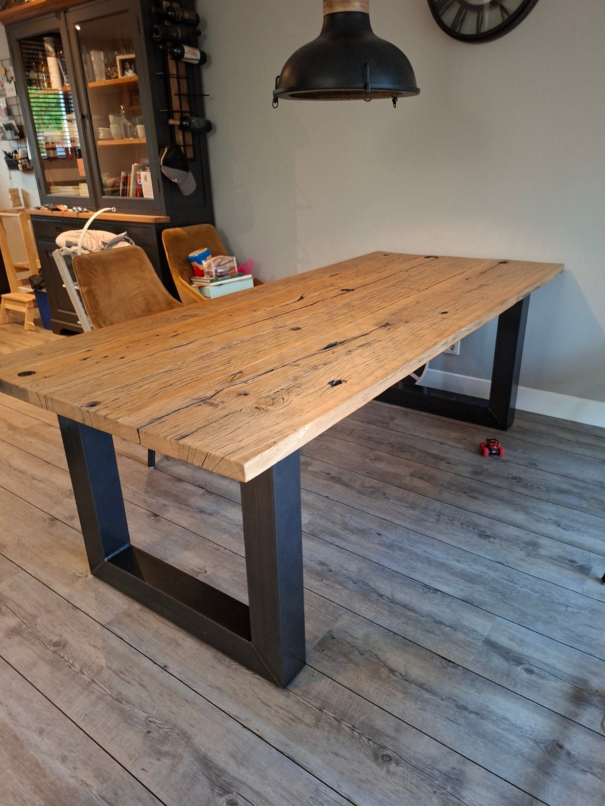 Eiken eettafel van oude wagondelen, 220x97cm, Ophalen, Gebruikt, Eikenhout, 200 cm of meer