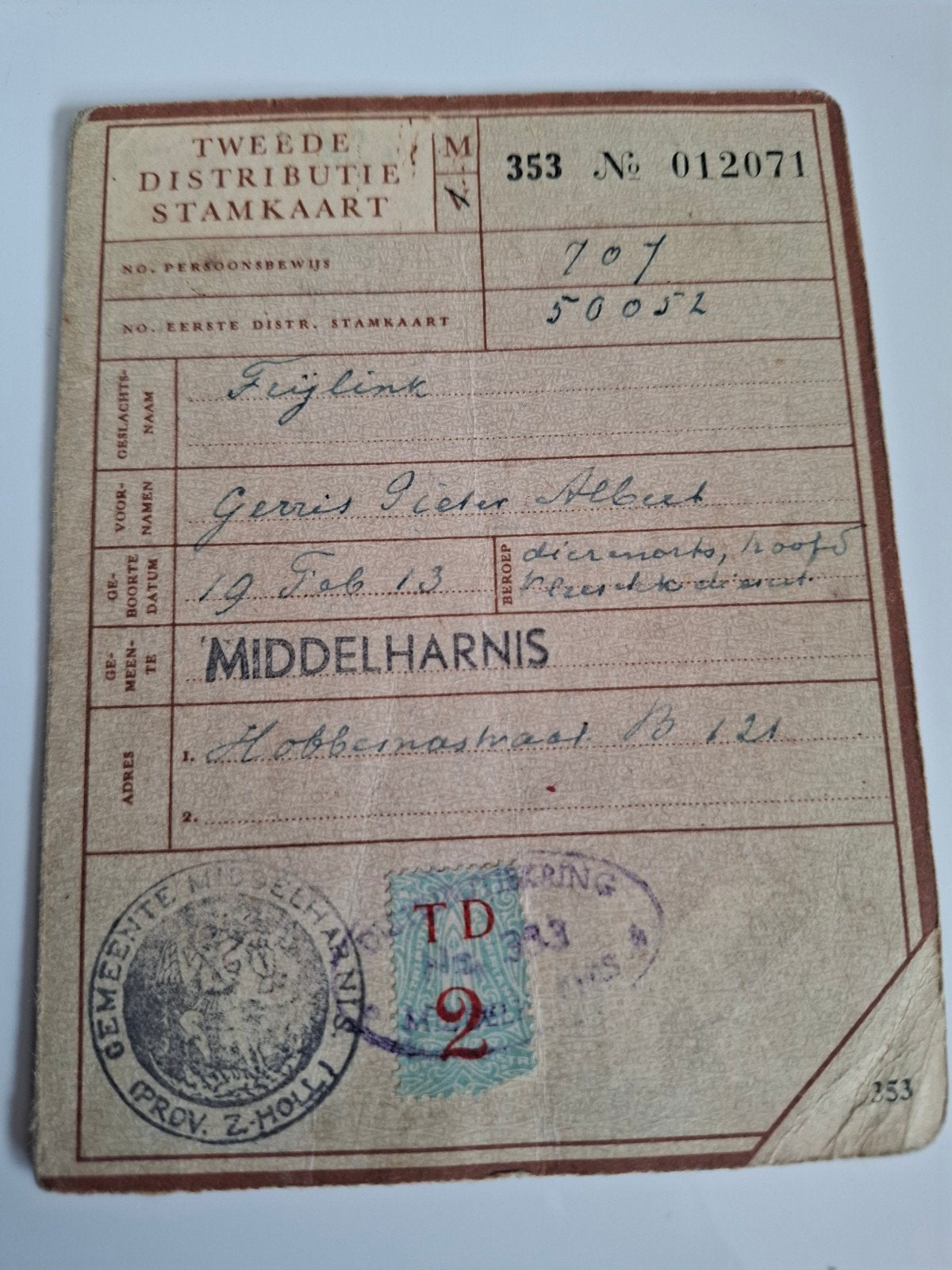 Distributie stamkaart Middelharnis bonkaart document wo2, Verzamelen, Ophalen of Verzenden, Duitsland