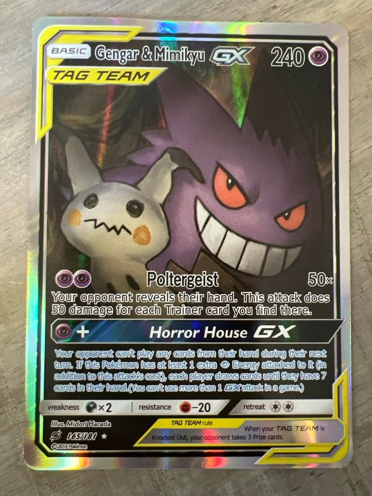 Gengar & Mimikyu GX TAG TEAM Pokémon Kaart 165/181, Ophalen of Verzenden, Nieuw, Losse kaart, Foil