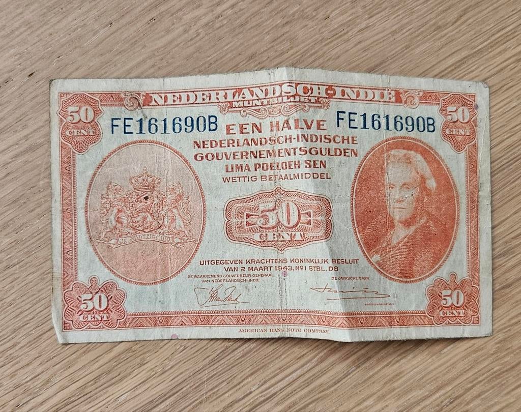 Nederlands-Indië Muntbiljet Halve Gulden 50 Cent 1943, Ophalen of Verzenden
