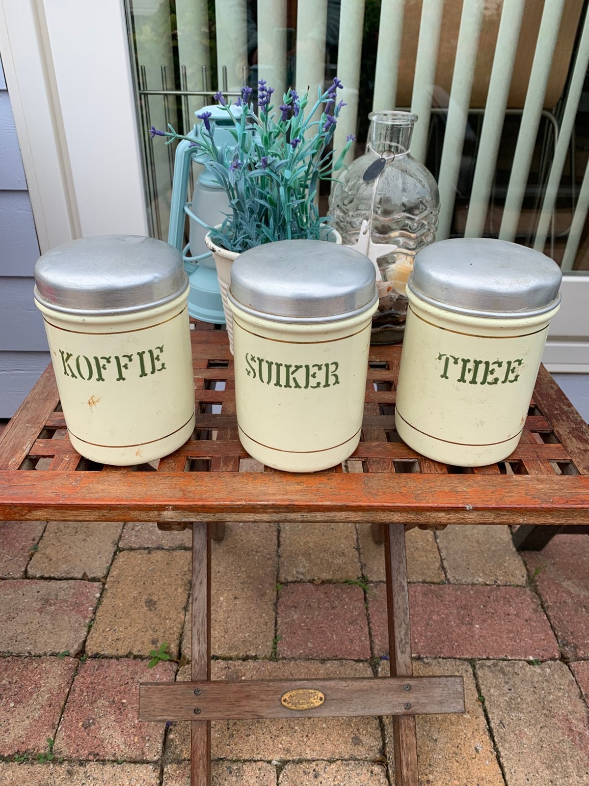 Emaille beige koffie thee suiker voorraad bussen., Antiek en Kunst, Ophalen of Verzenden