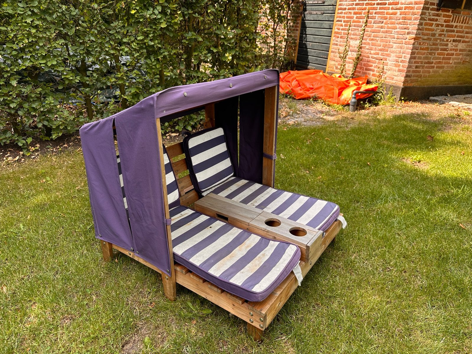 Houten kinder strandstoel met paarse kap en kussens, Ophalen, Gebruikt, Hout
