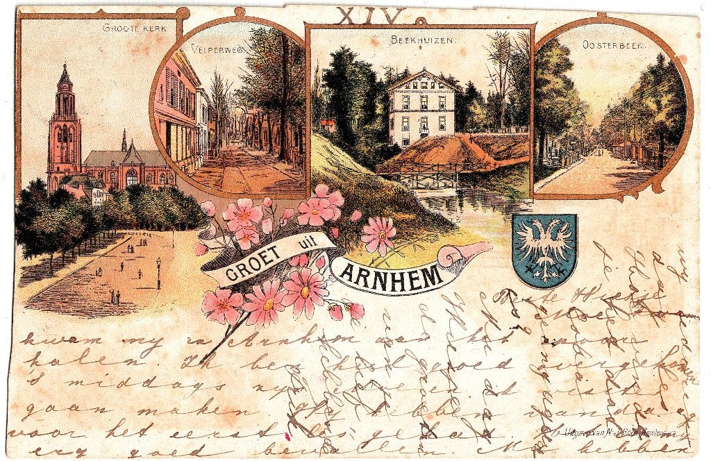 Arnhem, Groet uit Arnhem collagekaart, verstuurd 1899,, Verzenden, Voor 1920, Gelopen, Gelderland