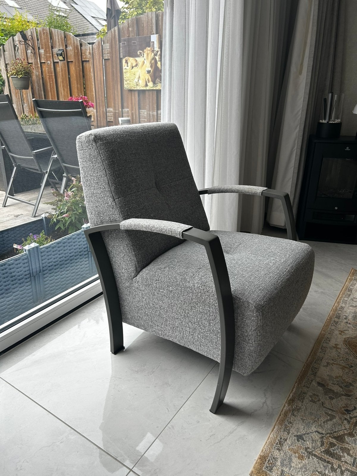Fauteuil grijs gemeleerd, Ophalen, 75 tot 100 cm, Zo goed als nieuw, Stof
