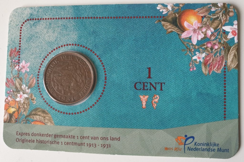 Wilhelmina 1 cent 1931 in coincard (zeldzaam jaartal), Verzenden, Koningin Wilhelmina, 1 cent, Losse munt