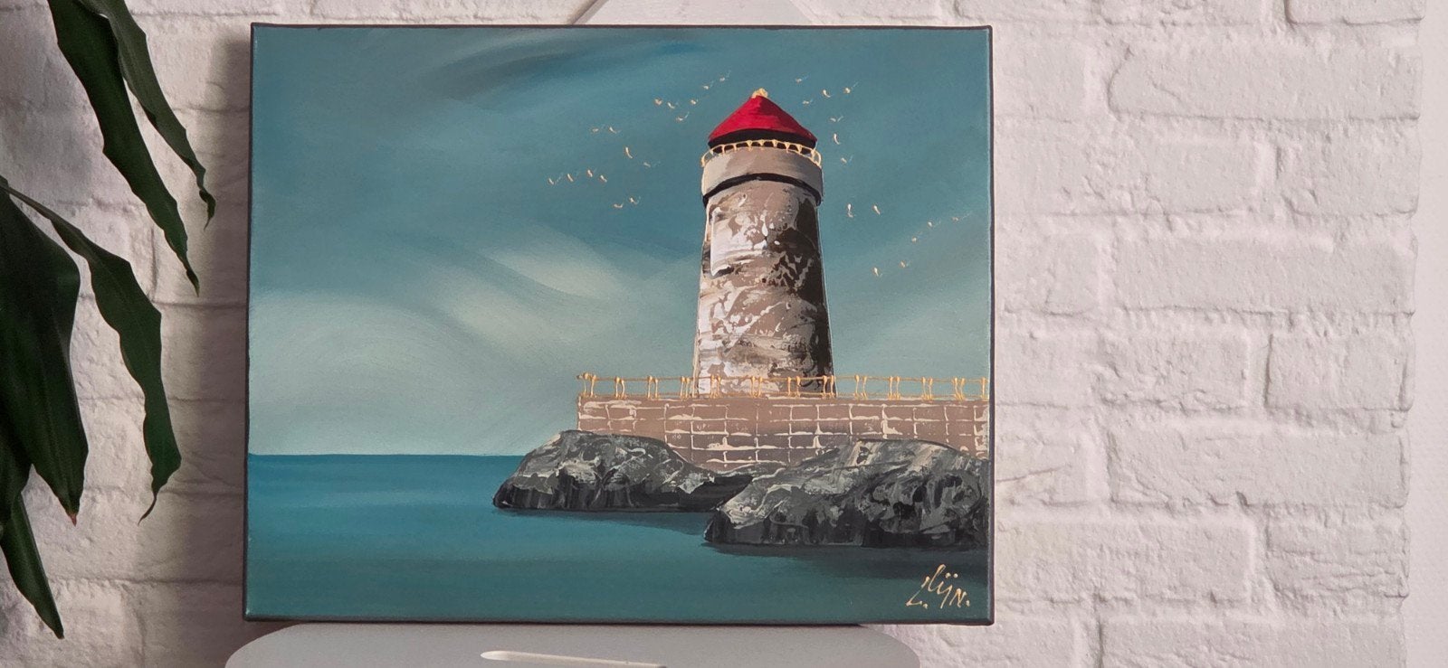 Schilderij vuurtoren aan zee, gesigneerd, Antiek en Kunst, Kunst | Schilderijen | Modern, Olieverf, Op houten frame, Textiel, Landschap
