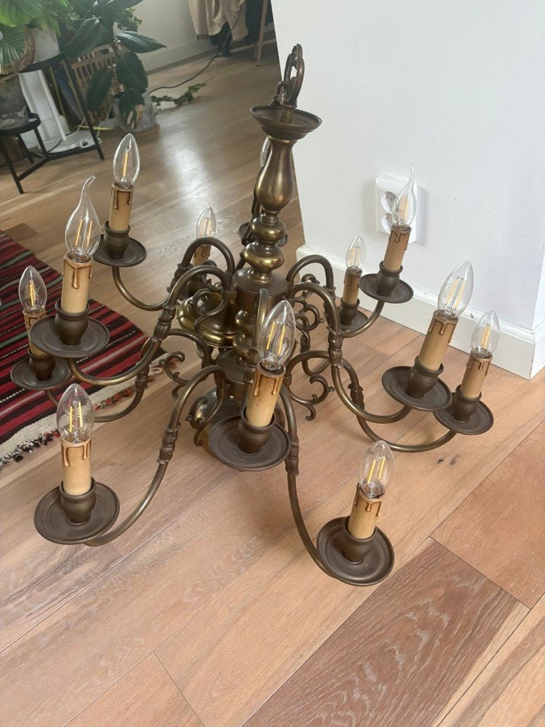 Vintage Koperen Kroonluchter met 12 Lichtpunten, Ophalen, Gebruikt, Metaal, 50 tot 75 cm