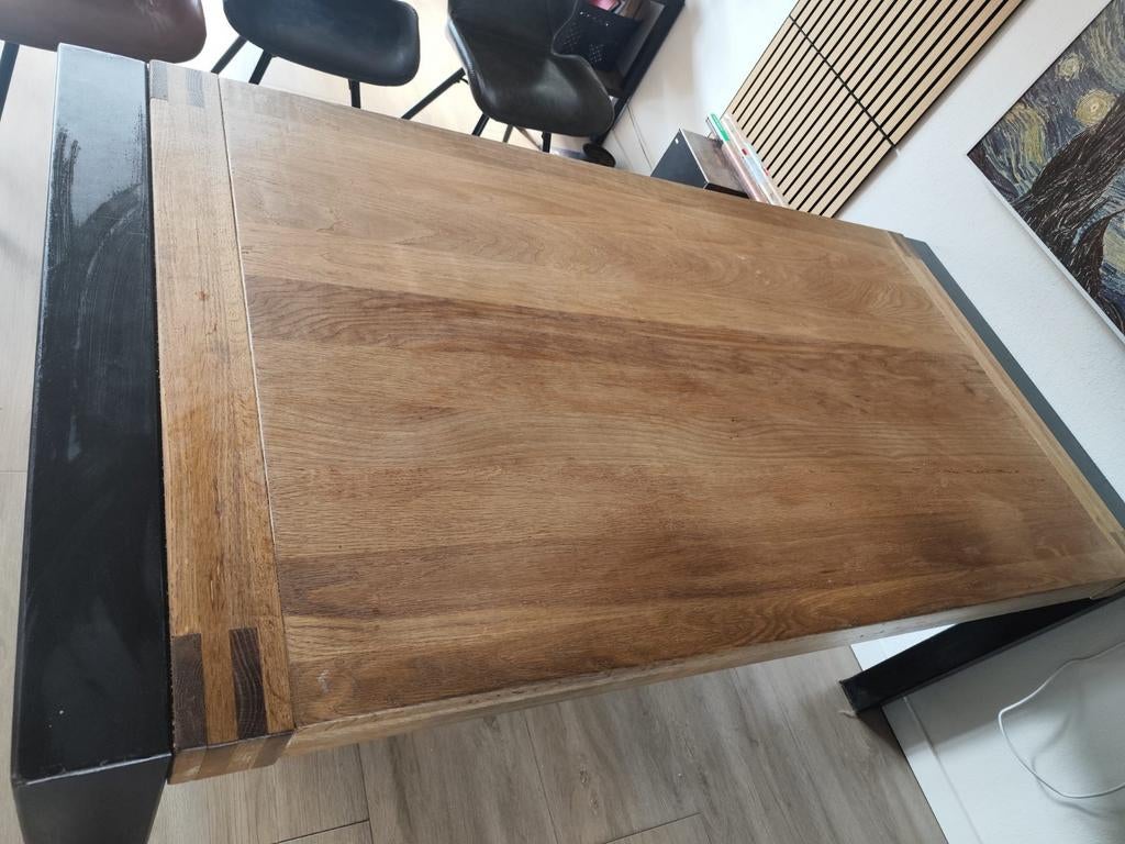 Eikenhouten eettafel met metalen onderstel, Ophalen, Gebruikt, 50 tot 100 cm, Modern industrieel