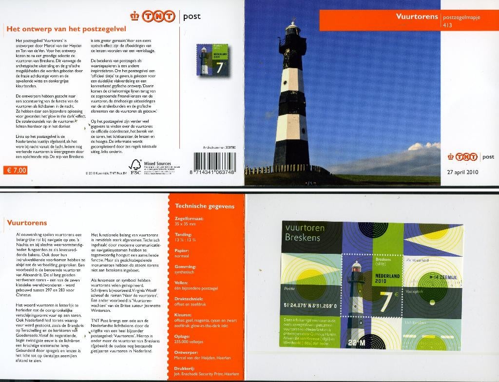 Nederland 2010 Postzegelmapje Blok Vuurtoren Breskens, Verzenden, Postfris, Plaats of Gebouw
