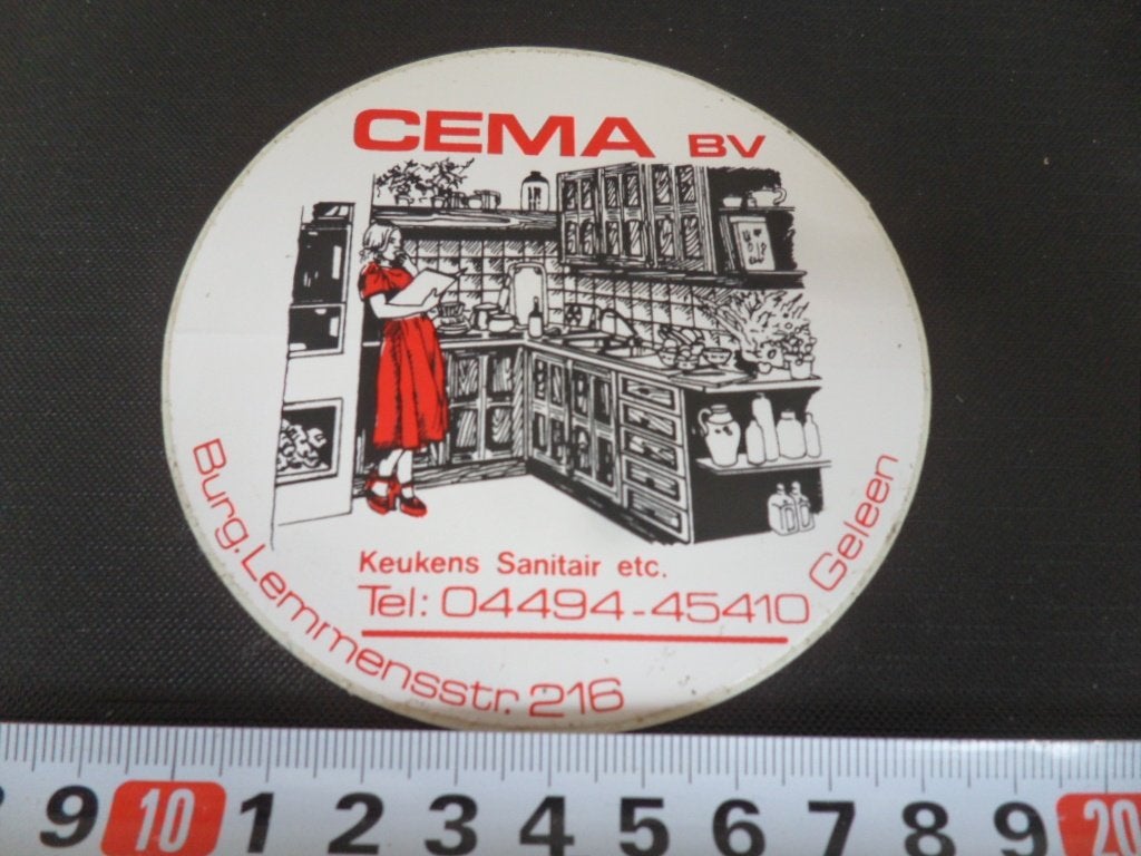 sticker geleen CEMA BV keukens sanitair etc burg lemmensstr, Ophalen of Verzenden, Zo goed als nieuw