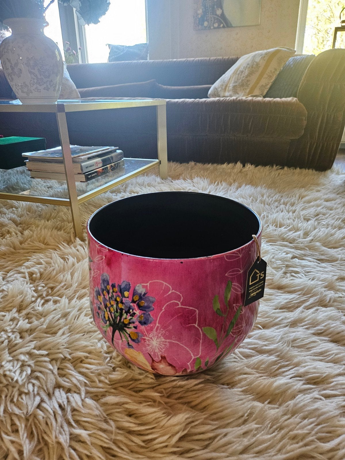 Leuke kleurrijke bloempot merk lammie 28cm, Ophalen, Rond, Zo goed als nieuw, Aardewerk
