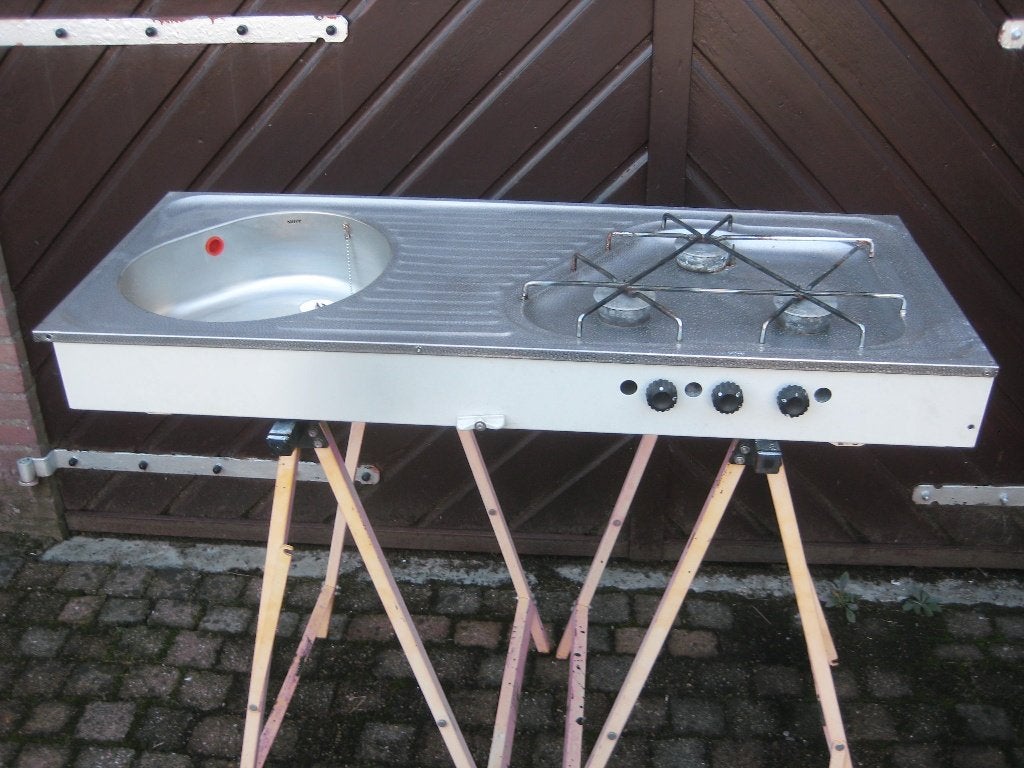 te koop 3 pits inbouwgasstel met spoelbak  r.v.s uitvoerring, Ophalen, Gebruikt