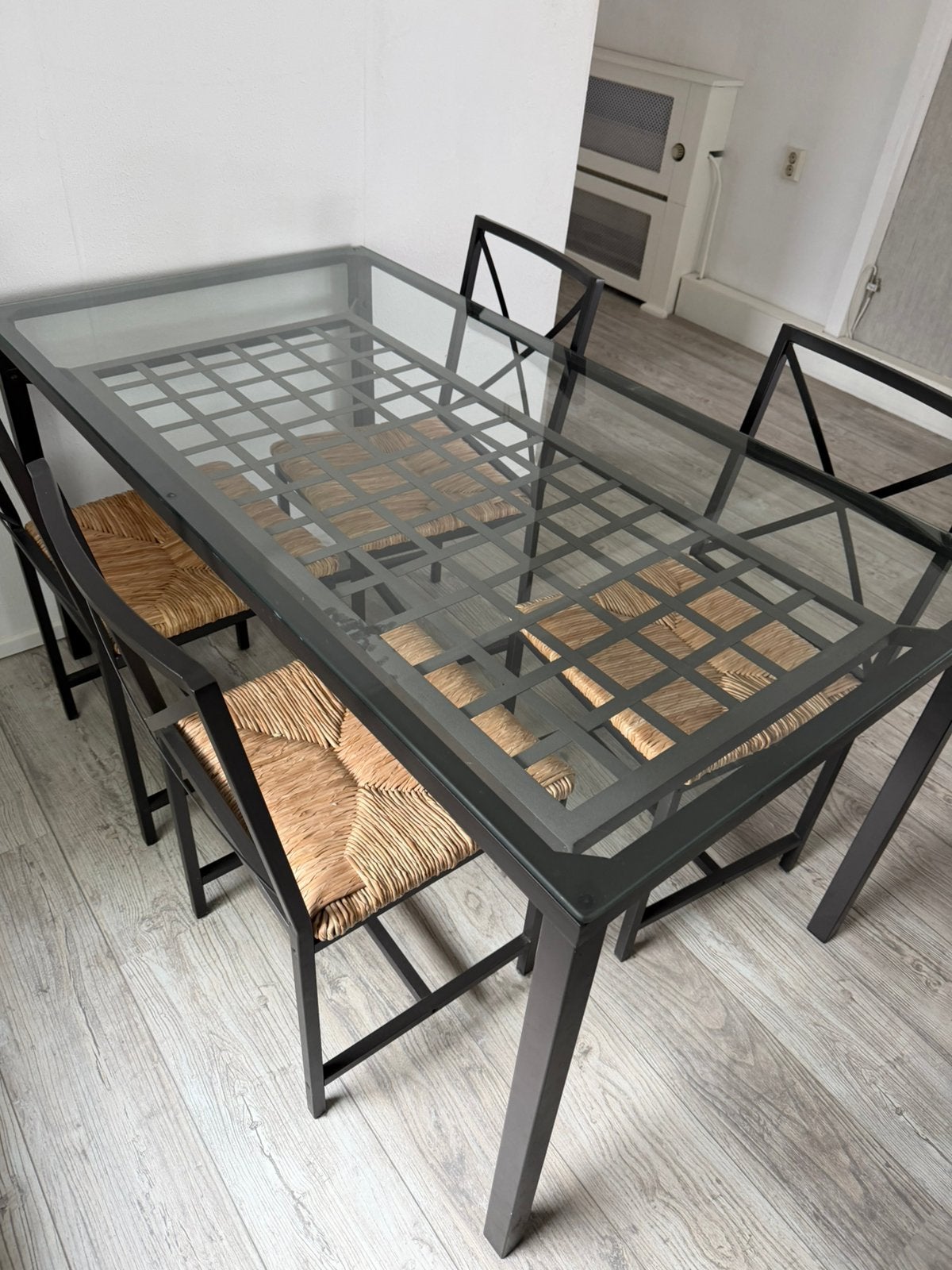 Eethoek met 4 stoelen riet, Huis en Inrichting, Ophalen, 50 tot 100 cm, Zo goed als nieuw, Vier personen