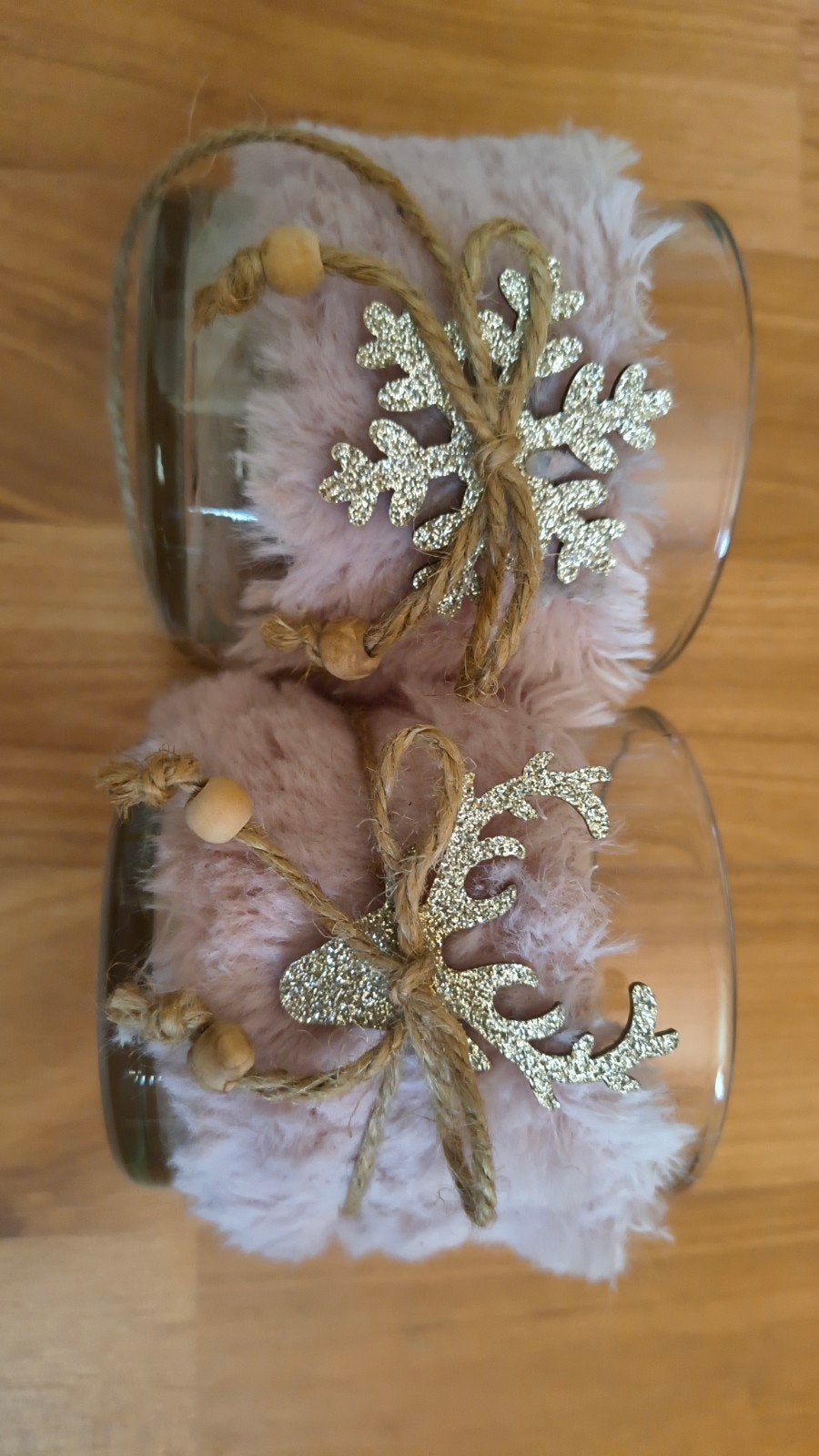 Set van 2 roze waxinelichthouders met kerstdecoratie, Gebruikt, Waxinelichthouder, Ophalen of Verzenden, Glas