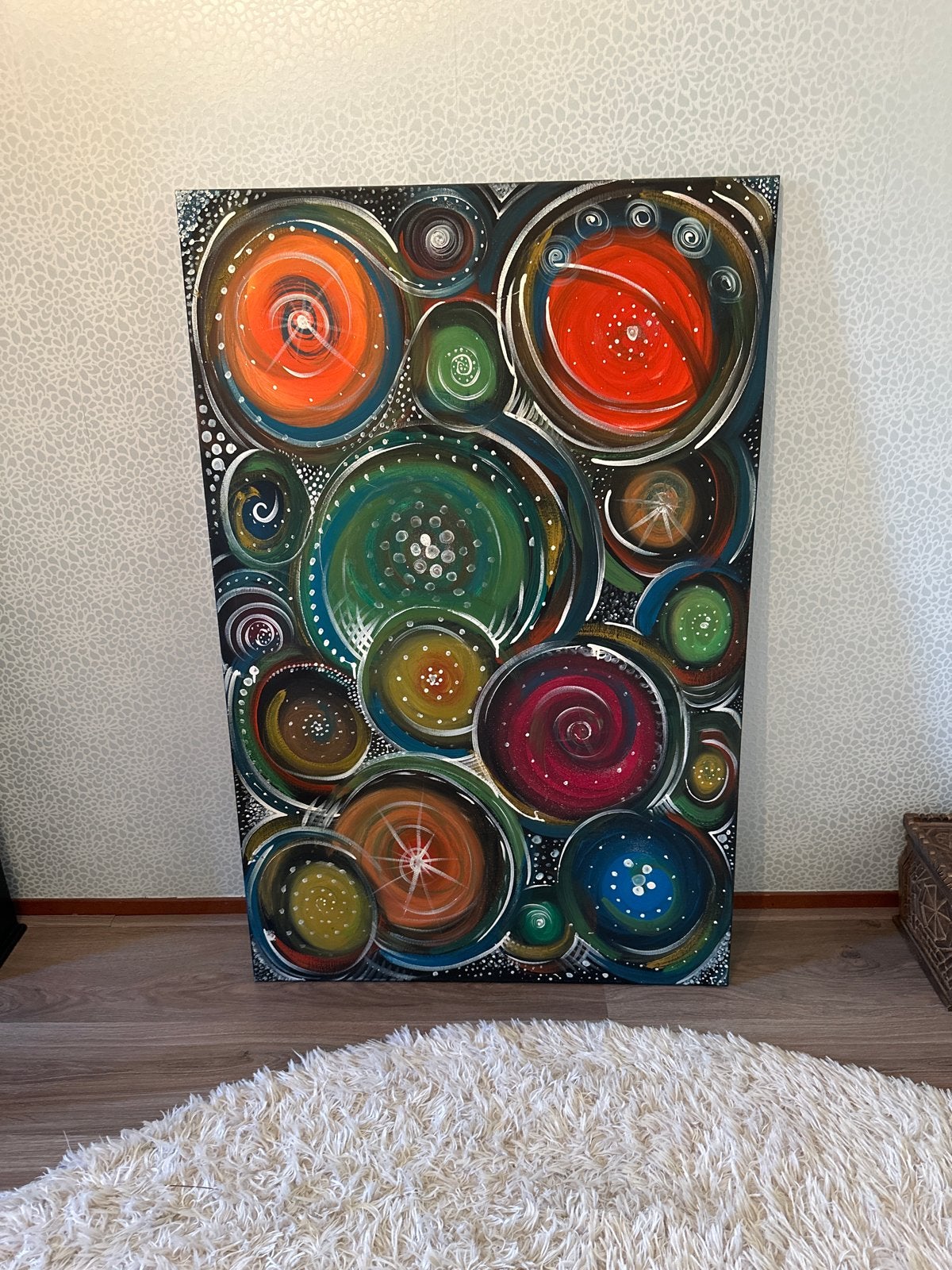 Abstract Schilderij: Levendige Cirkels en Spiralen, Antiek en Kunst, Kunst | Schilderijen | Abstract, Ophalen