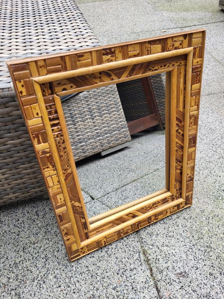 Vintage bamboe rotan spiegel - Bohemien wanddecoratie, Ophalen of Verzenden, Rechthoekig, Minder dan 50 cm, Minder dan 100 cm