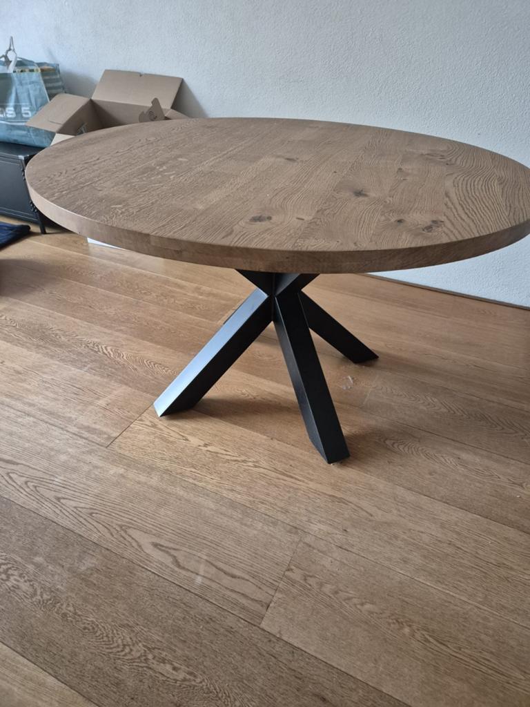 Mooie ronde eettafel (130x130/antiek naturel/eiken), Ophalen, 100 tot 150 cm, 100 tot 150 cm, Eikenhout