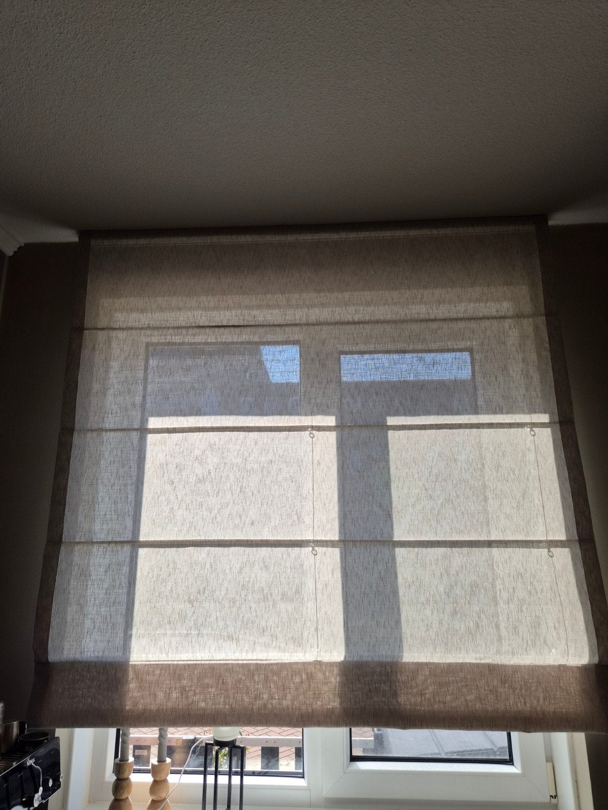 Taupe/beige vouwgordijn (b140 x h165 cm) - Zo goed als nieuw, Ophalen of Verzenden, Zo goed als nieuw, Beige, Vouwgordijn