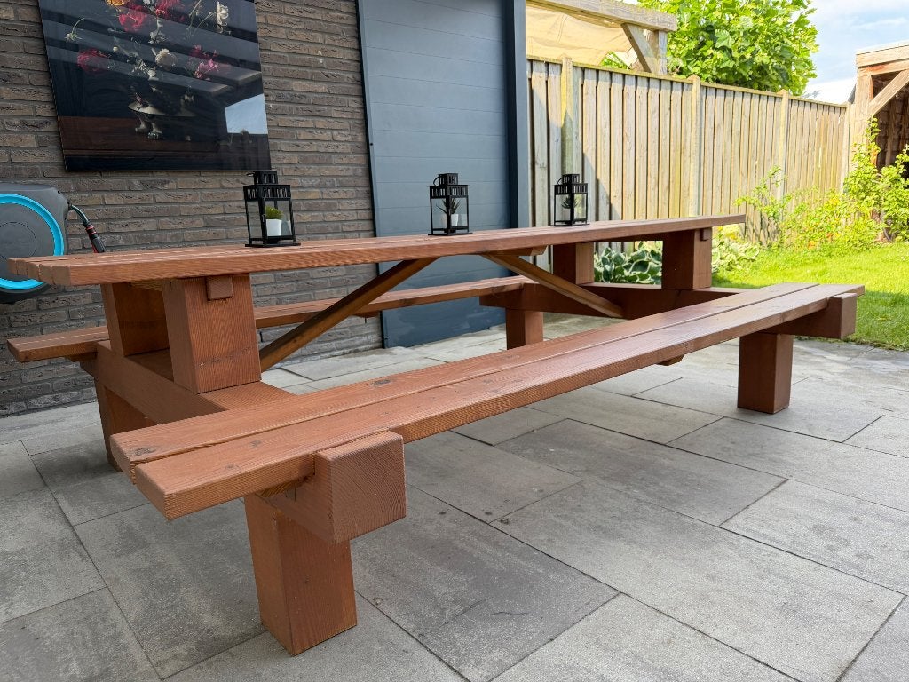 Picnic tafel 8 personnen, Ophalen, Zo goed als nieuw, Rechthoekig, Hout