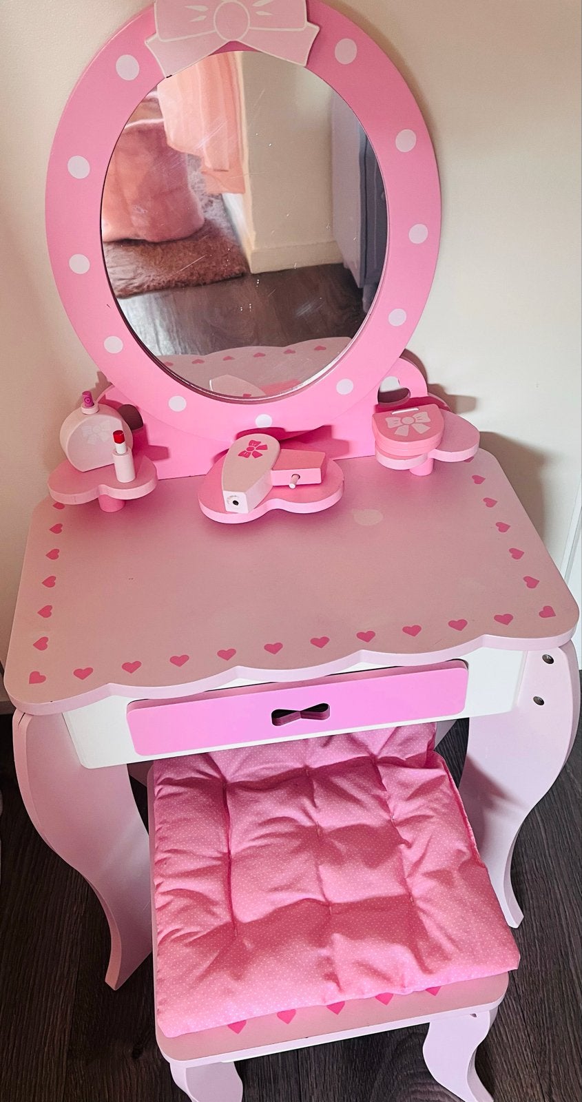 Roze kaptafel met spiegel en krukje, Ophalen, Gebruikt, Jongen of Meisje