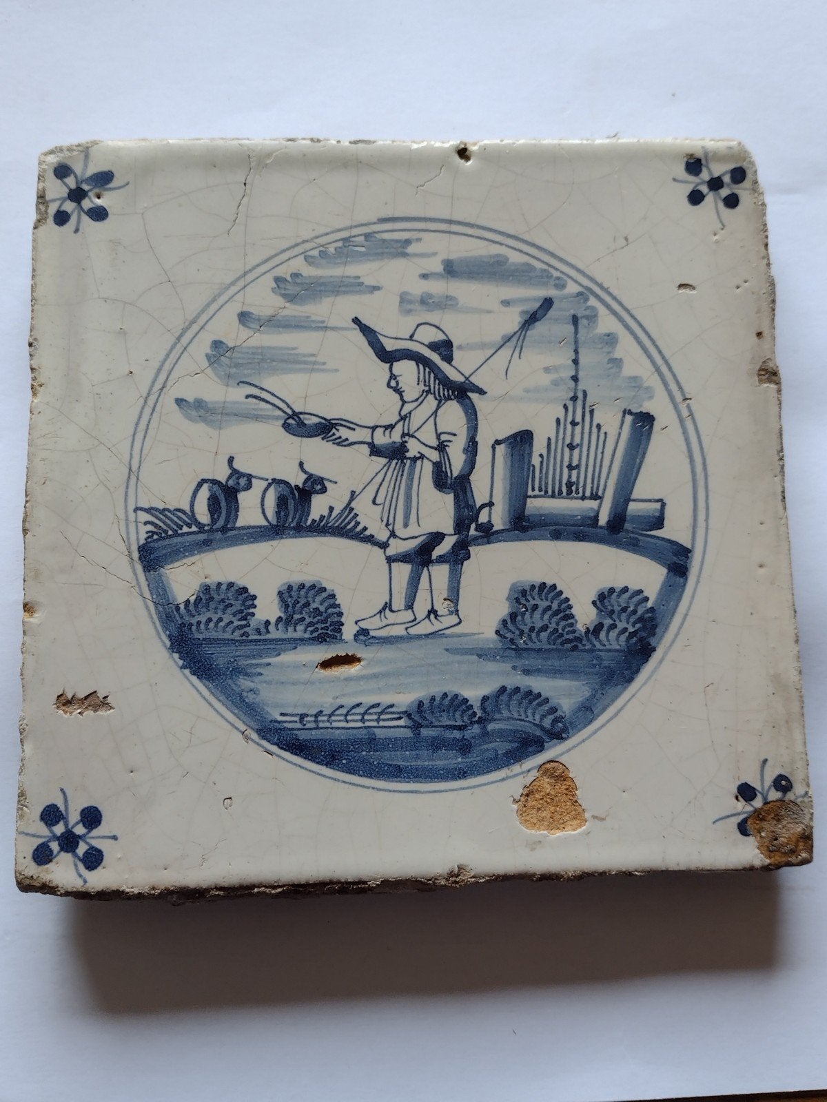 oude Delfts blauwe tegel met schaapsherder in passepartout, Ophalen