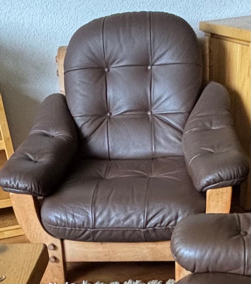 Naturel eikenhouten 2 zitsbank en 2 losse fauteuils, Huis en Inrichting, Banken | Bankstellen, Ophalen, Gebruikt, Tweepersoons