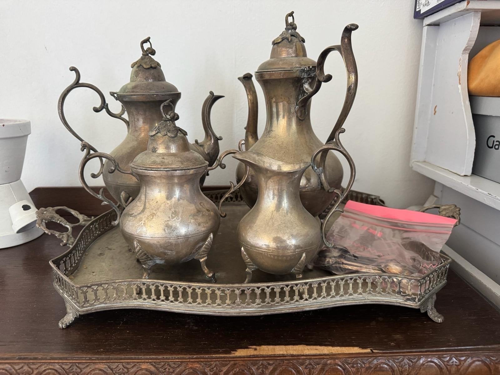 Antiek verzilverd theeservies met dienblad, Antiek en Kunst, Ophalen