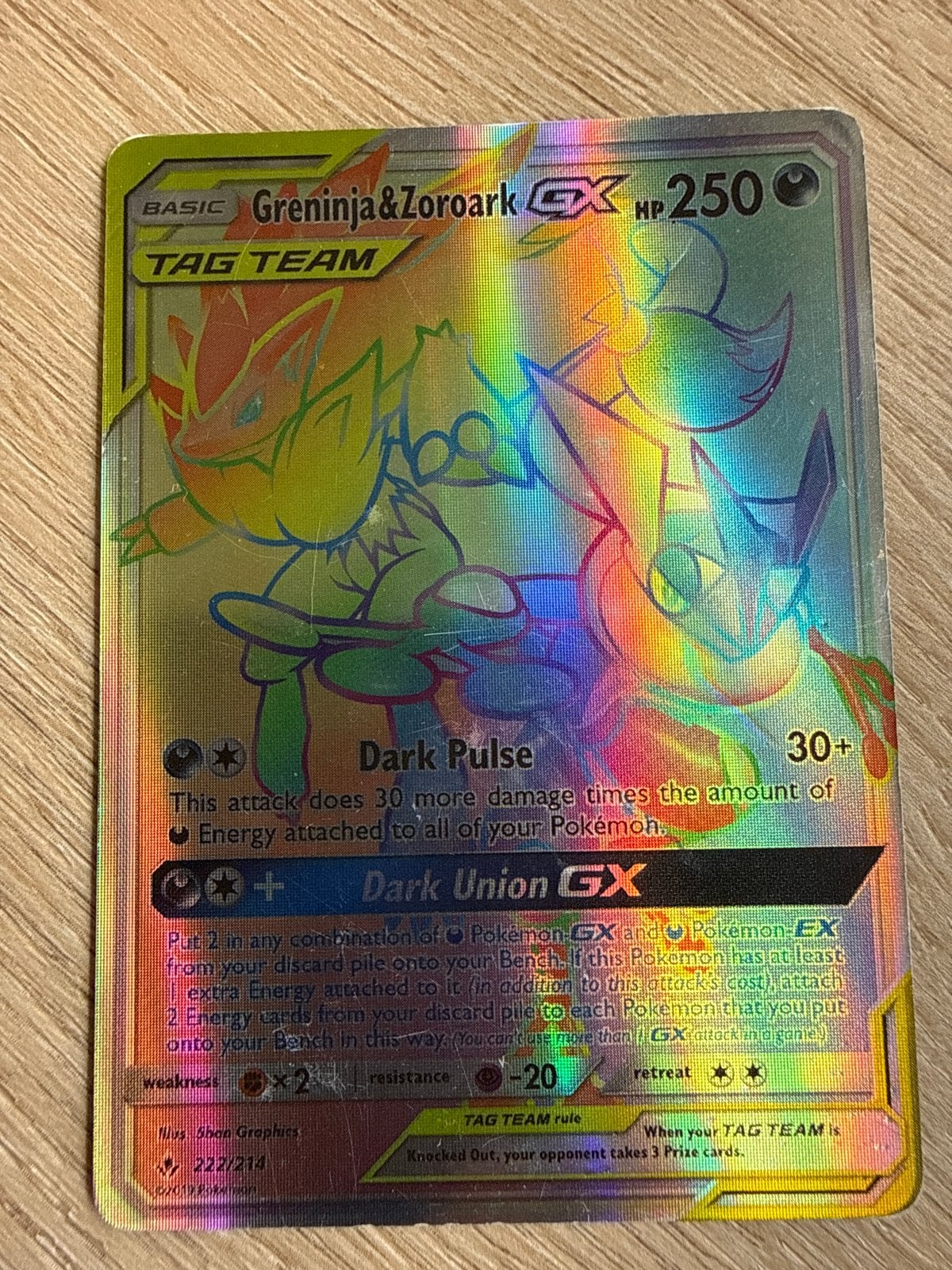 Greninja & Zoroark GX TAG TEAM Pokémon Kaart (Rainbow Rare), Ophalen of Verzenden, Zo goed als nieuw, Losse kaart, Foil