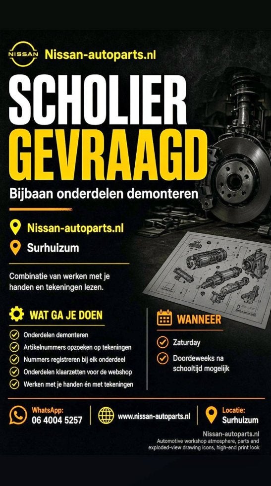 GEVRAAGD |  Bijbaan onderdelen demonteren | Nissan-autoparts, Vacatures, Variabele uren, Overige niveaus, Starter, Overige vormen