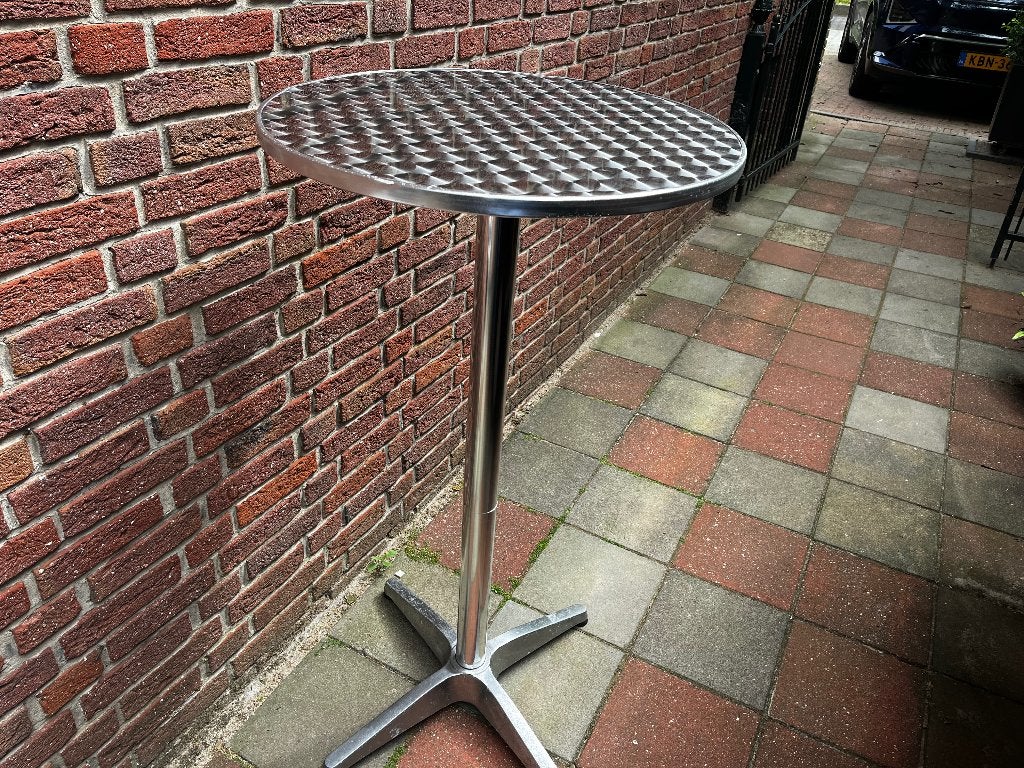 Stijlvolle statafel met metalen blad en blauwe 'rok', Ophalen, Gebruikt