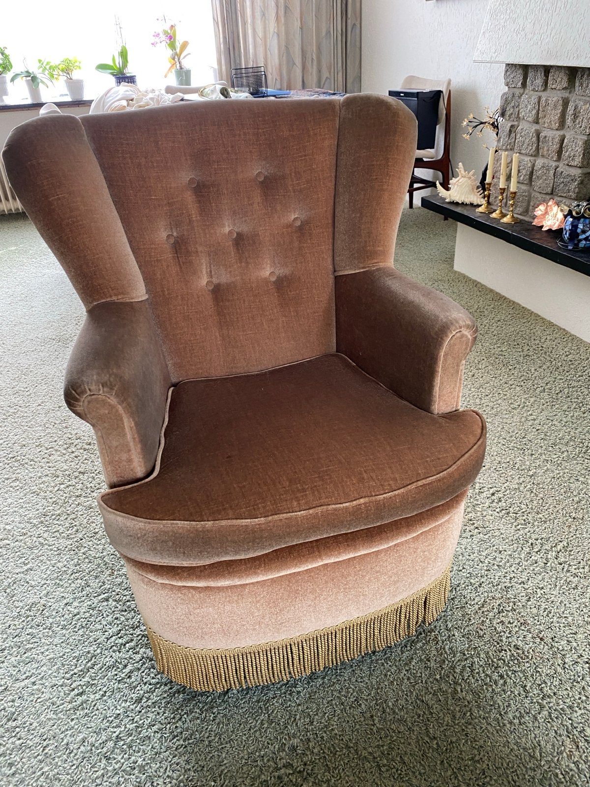 Vintage fauteuil met franjes - Bruin velours, Ophalen, Gebruikt, Stof, 75 tot 100 cm